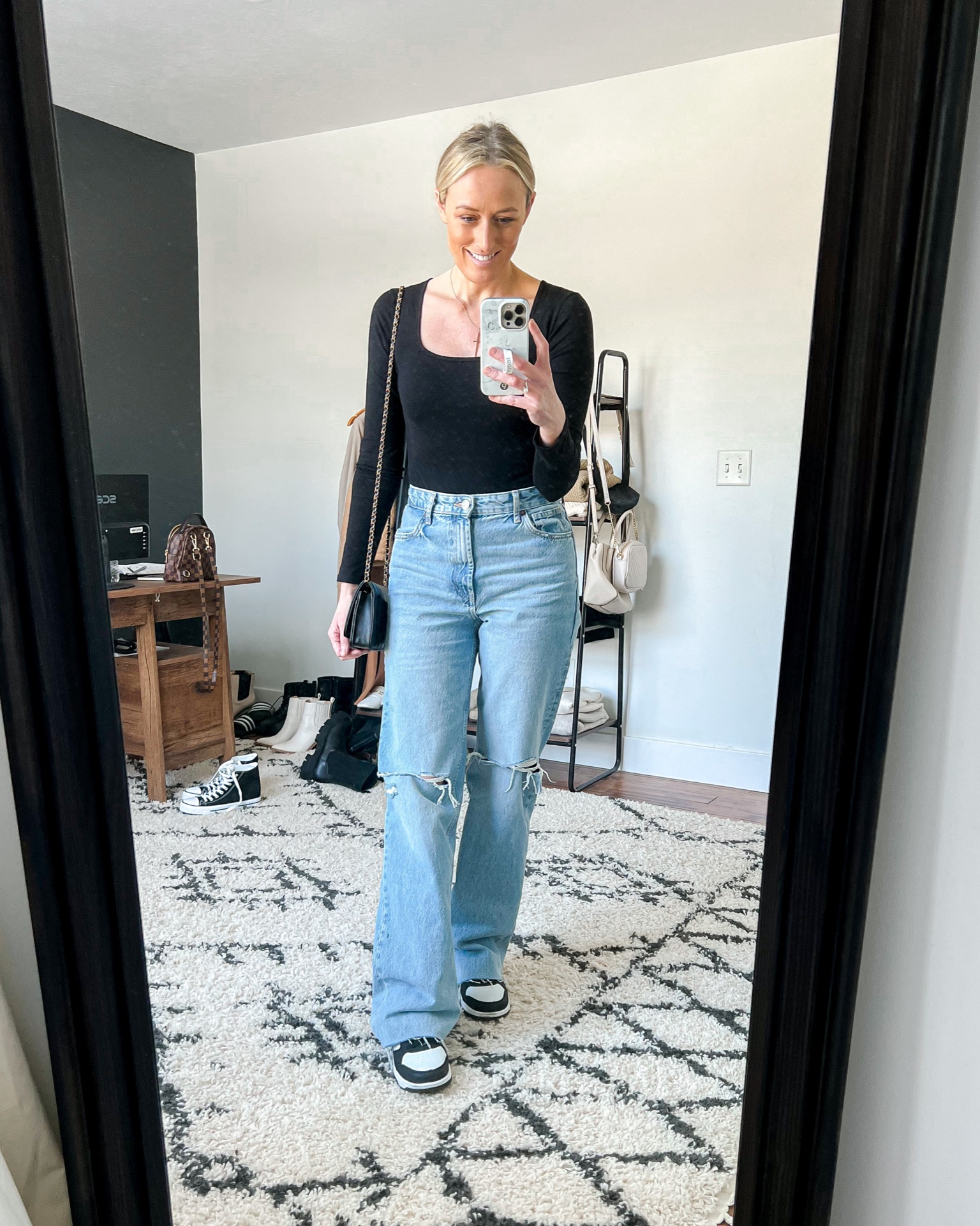 Jeans. Casual outfit. Winter outfit. Bodysuit. Wide leg jeans. Nike dunks. Sneakers.

Bodysuit is a medium.
Jeans are from Zara and cannot be linked, but I linked similar options.

#LTKunder100 #LTKstyletip #LTKunder50