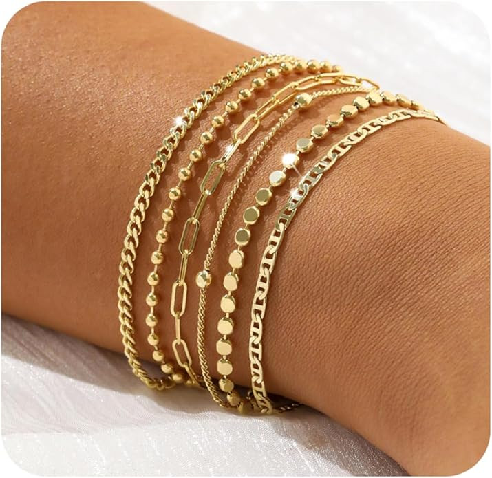 Dainty 14K Gold Bracelets for Women - Waterproof Stackable Gold Bracelet Set - Perfect for Stylis... | Amazon (US)
