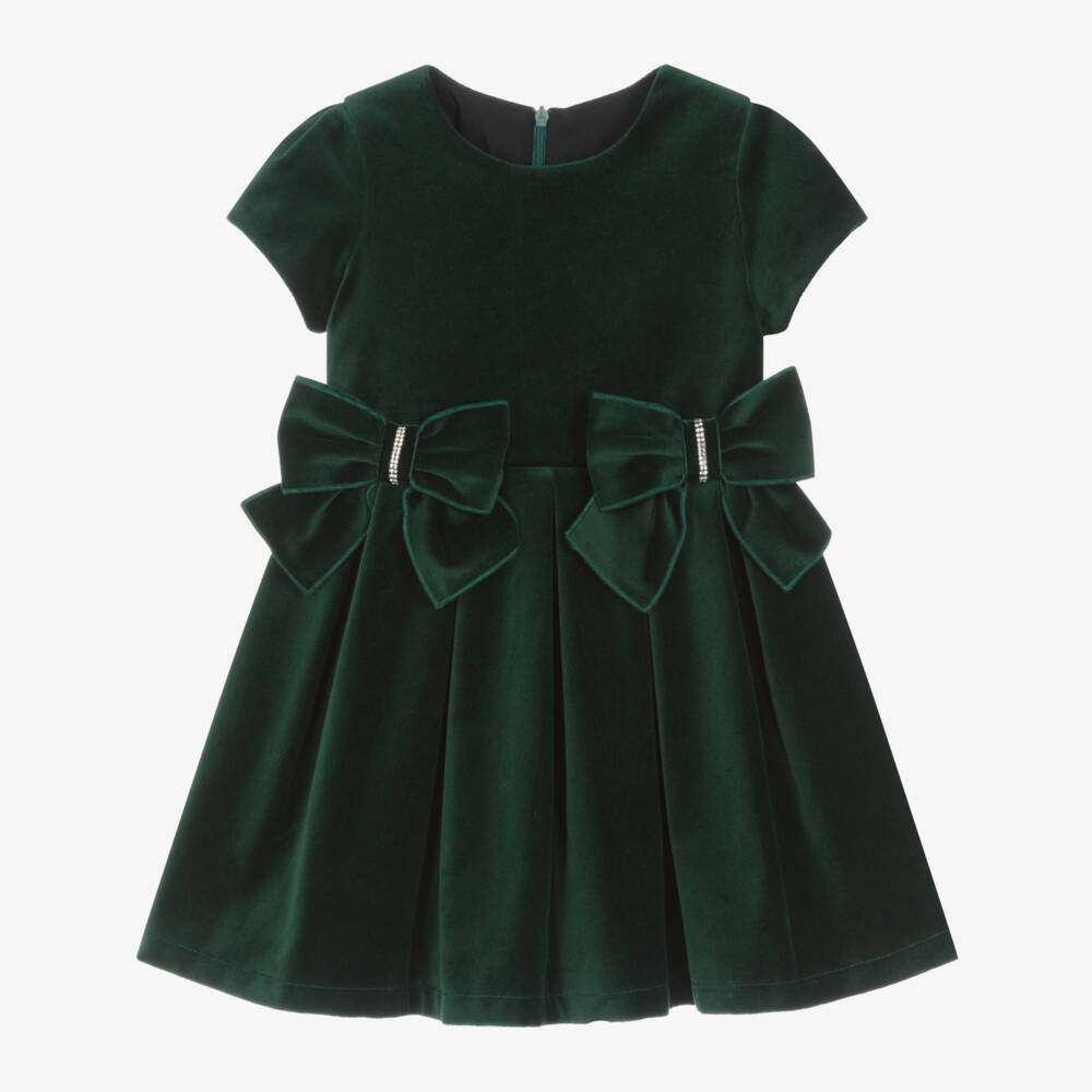 Girls Green Pleated Velvet Bow Dress | Childrensalon