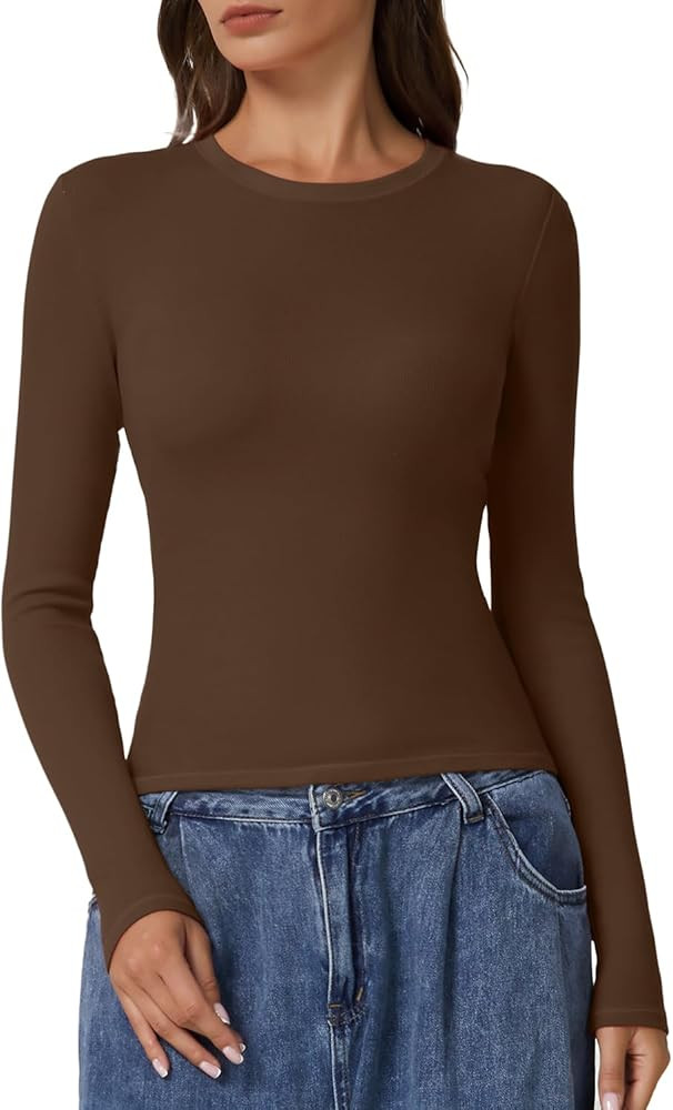 QINSEN Long Sleeve Shirts for Women Crewneck Rib Knit Slim Fit Going Out Tops Casual Basic Tee | Amazon (US)