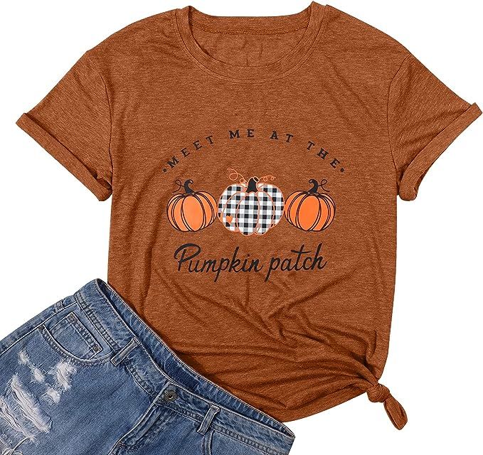 Meet Me at The Pumpkin Patch T Shirts Women Plaid Pumpkins Print Shirt Cute Graphic Fall Tee Tops | Amazon (US)