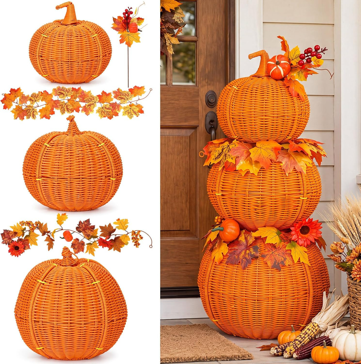24'' Large Stackable Pumpkins Wicker Pumpkin with LED Lights for Porch | Amazon (US)