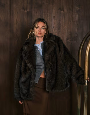 Monki oversized short faux fur coat with collar detail in dark chocolate brown | ASOS (Global)