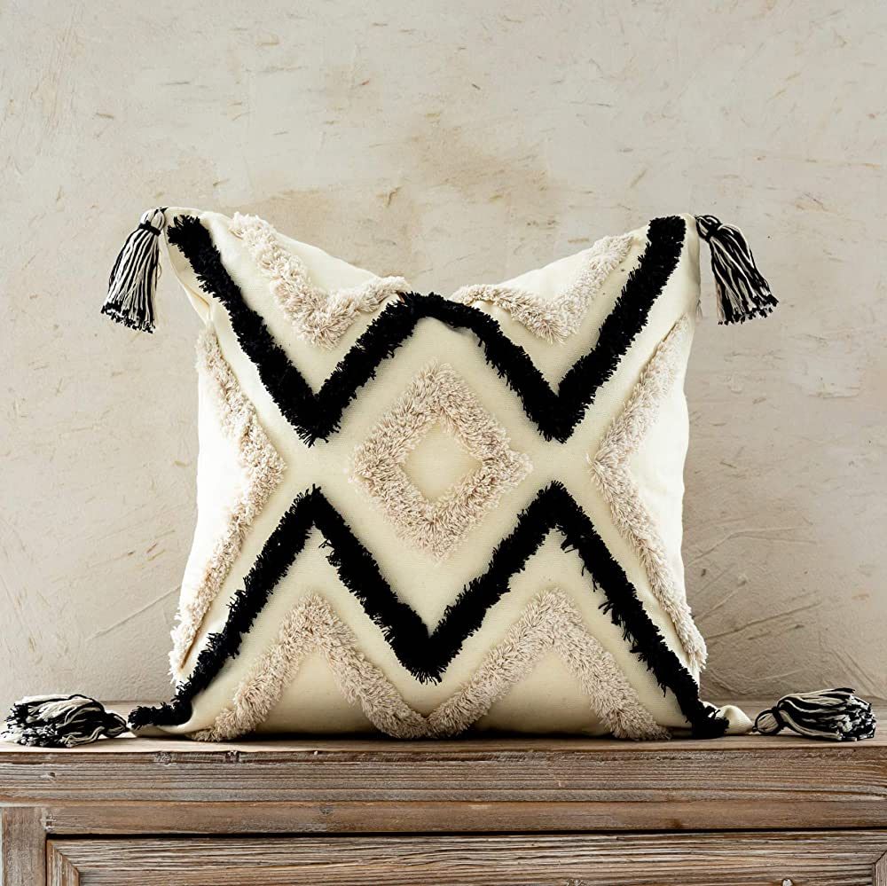 Woven Tufted Boho Throw Pillow Cover, Modern Decorative Geometric Chevron Striped Cushion with Ta... | Amazon (US)