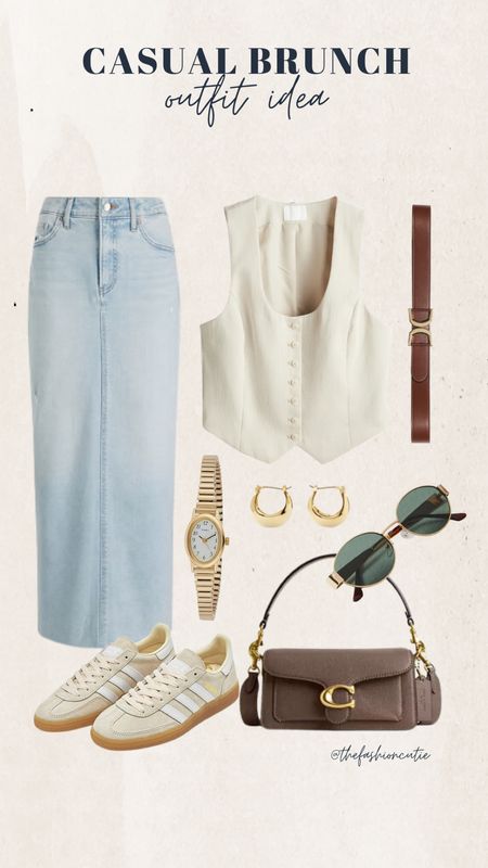 Need a casual brunch outfit? I got you bestie! Pair a denim maxi skirt with a waistcoat, sneakers & chic accessories!

#LTKFindsUnder100 #LTKItBag #LTKStyleTip