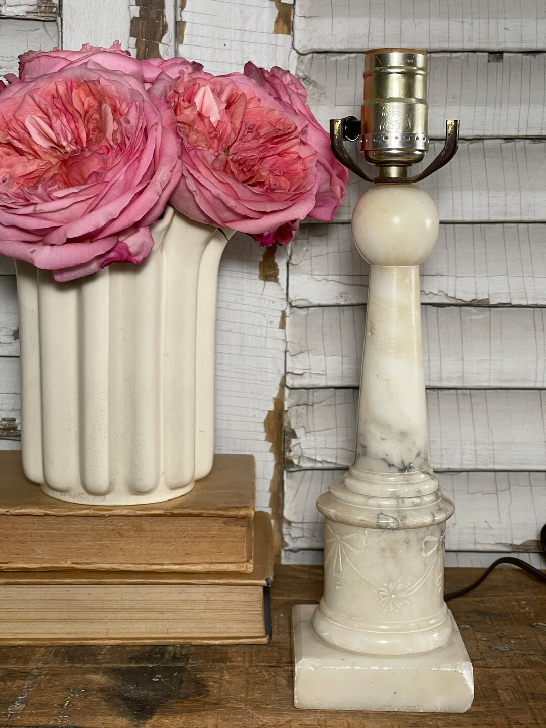 Vintage Alabaster Marble Engraved Lamp, Vintage Table Lamp, Vintage Home Decor, White Home Decor,... | Etsy (US)