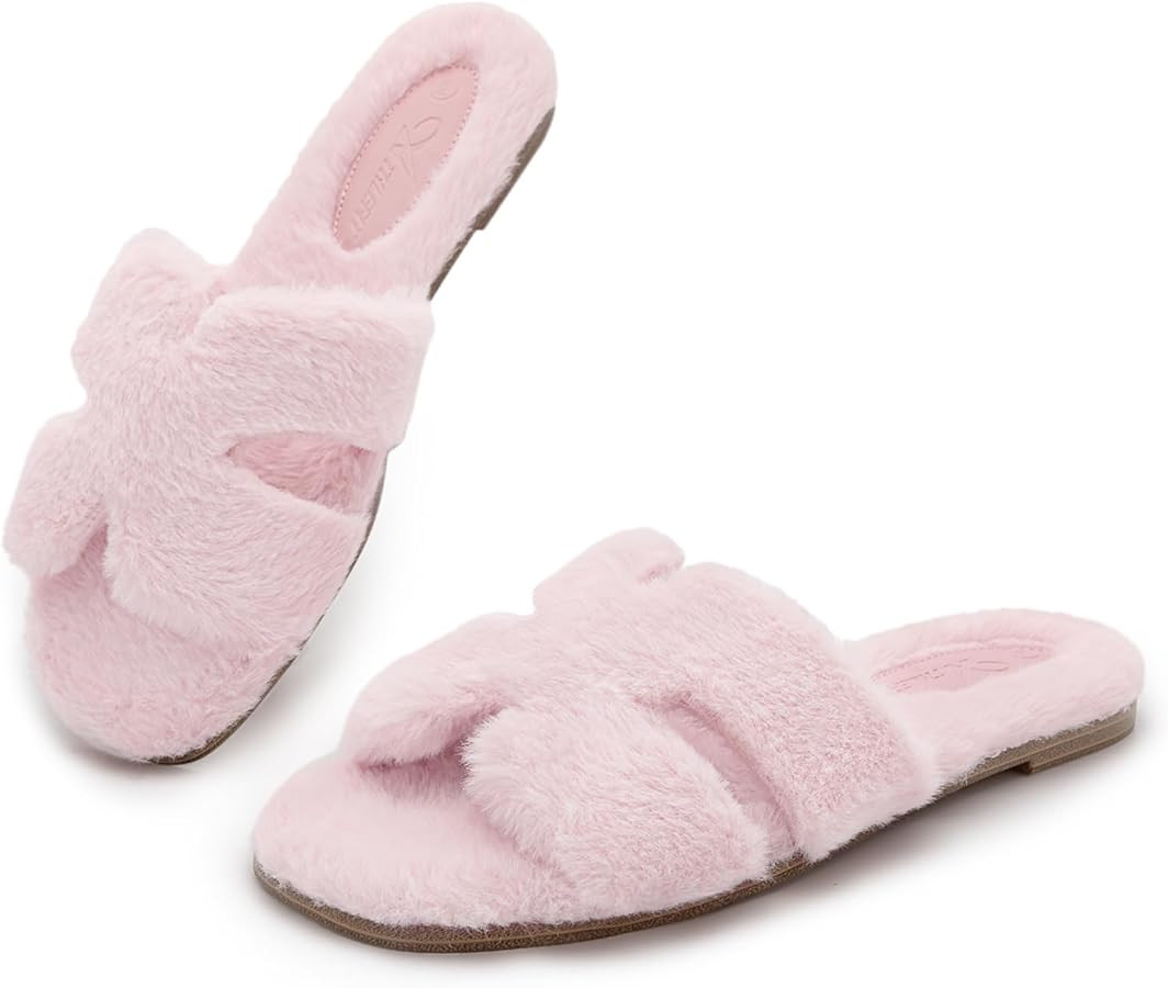 Athlefit Women's Fuzzy Slippers Cute Comfy Fluffy Open Toe Slip-on House Slide Slippers for Indoo... | Amazon (US)