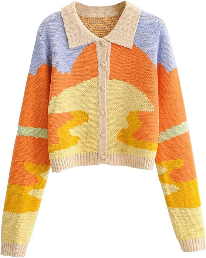 Women's Y2K Floral Print Sweater V Neck Long Sleeve Cardigan Sweater Open Front Button Down Sweet Co | Amazon (US)