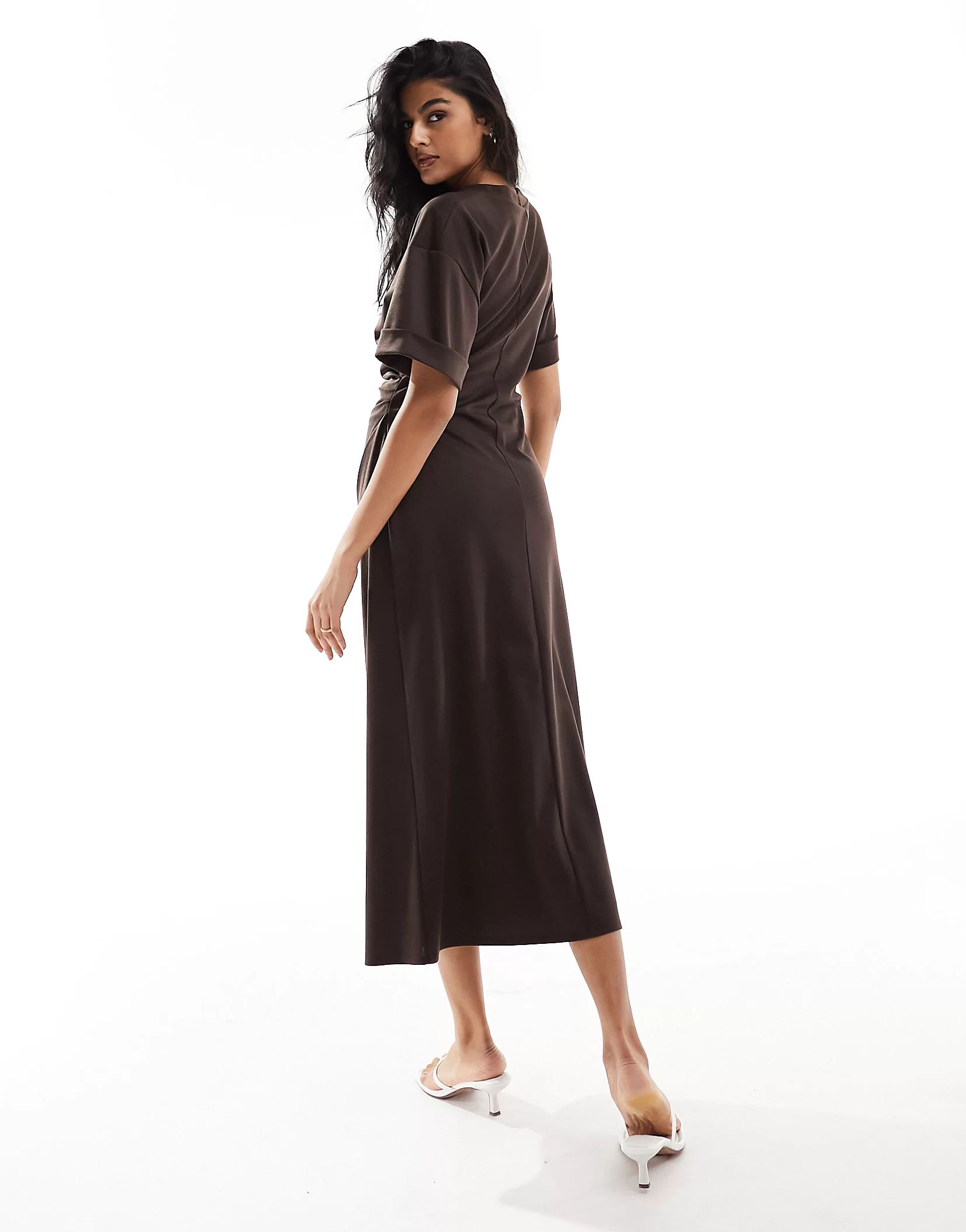 ASOS DESIGN crew neck premium t shirt dress with roll sleeve and tuck side detail in chocolate | ... | ASOS (Global)