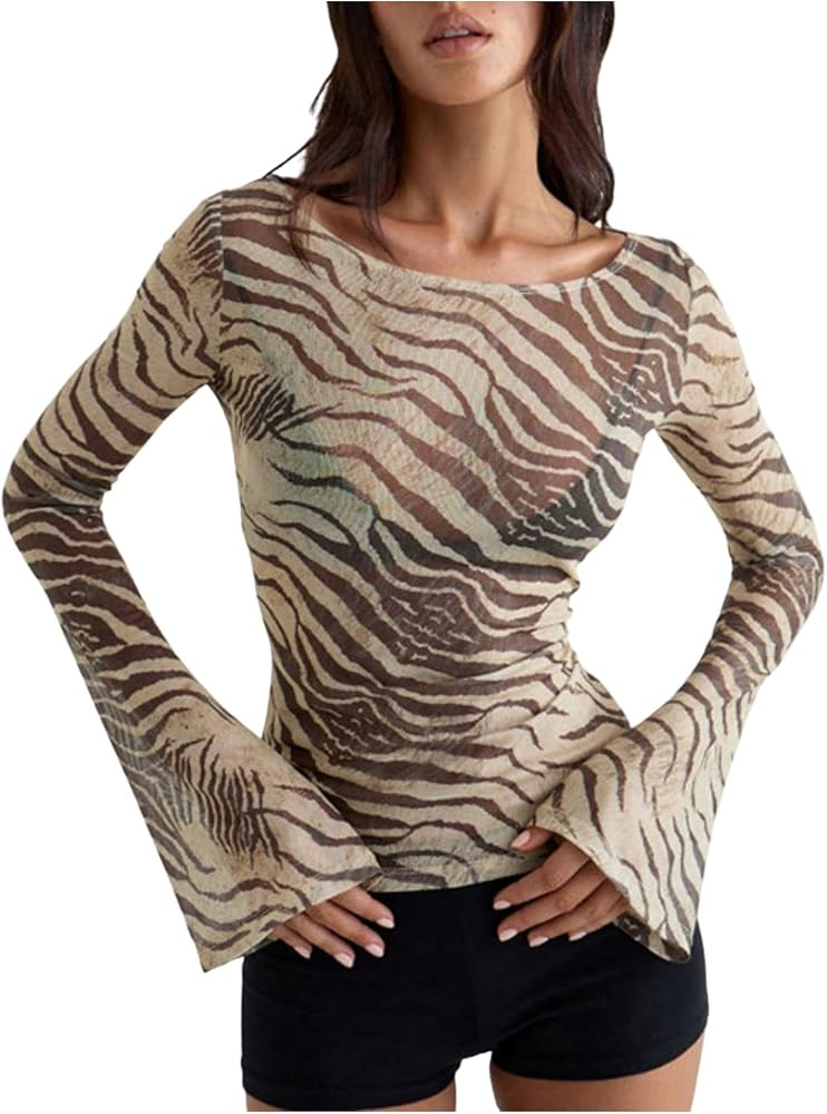 MakeMeChic Women's Animal Print Top Zebra Print Mesh Long Sleeve T Shirts Y2K Going Out Tops Conc... | Amazon (US)