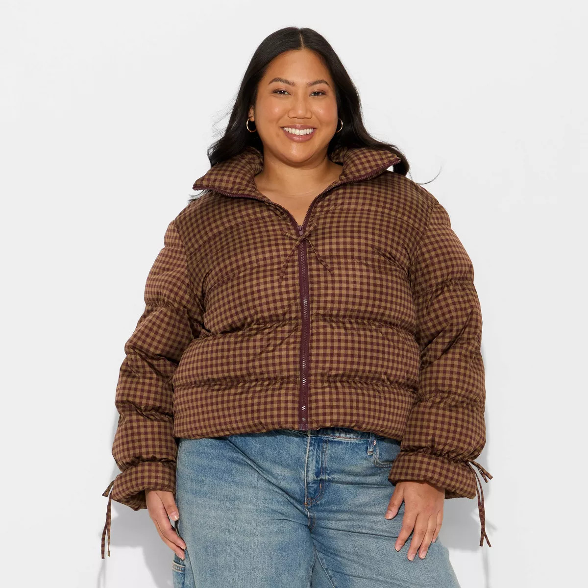 Women's Bow Puffer Jacket - Wild Fable™ Brown Gingham Check XXL | Target