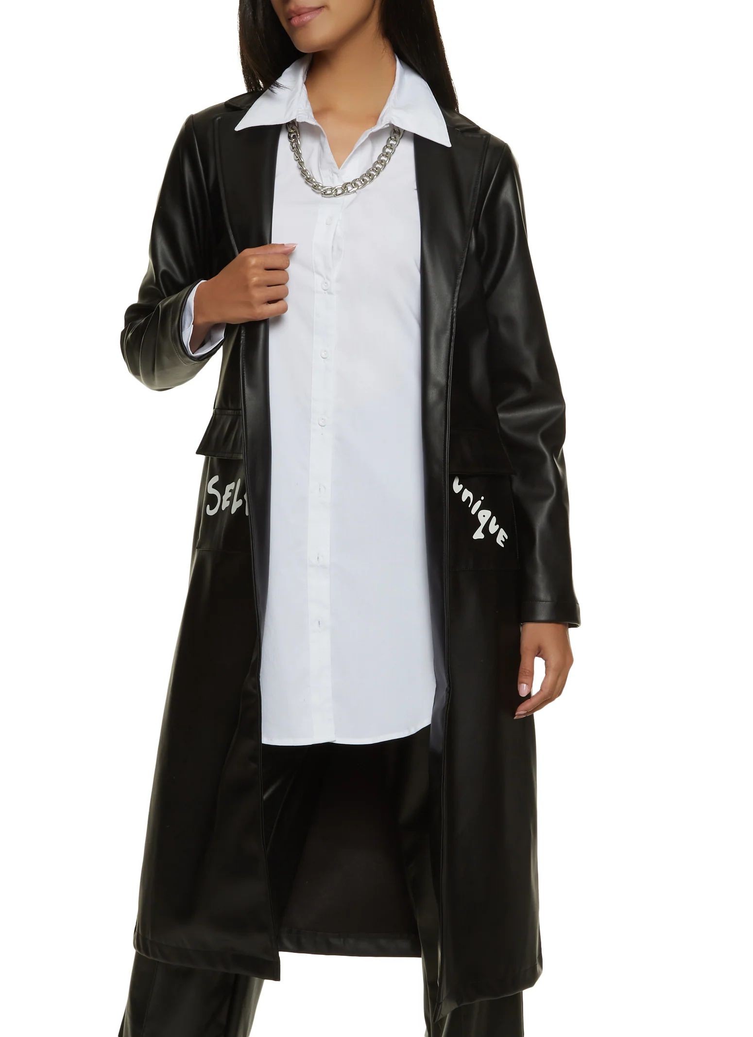 Faux Leather Graphic Trench Coat  - Black | Rainbow Shops