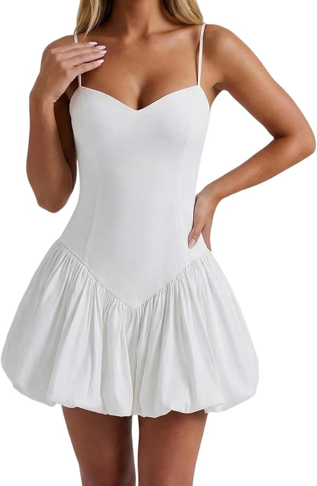 SHESEEWORLD Women's Summer Sleeveless Spaghetti Strap Backless Bubble Mini Dress A Line Corset Ru... | Amazon (US)