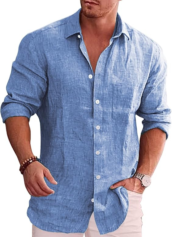 COOFANDY Men's Casual Button Down Shirt Long Sleeve Linen Chambray Shirt | Amazon (US)