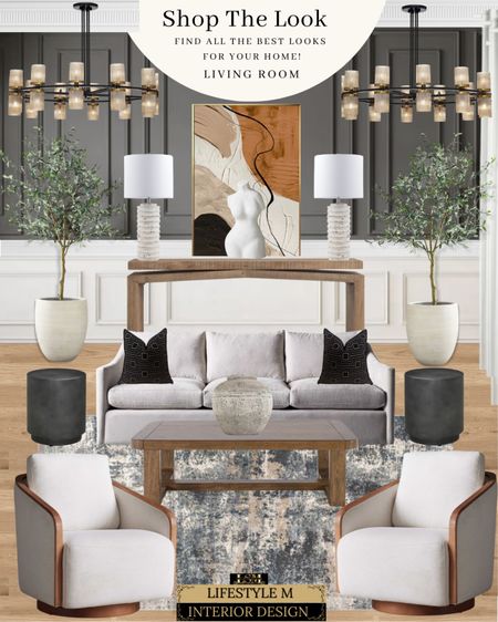 Modern Traditional Living Room Design Idea. Coffee table, upholstered swivel chair, black round end table, light gray sofa, black throw pillow, white tree planter pot, faux olive tree, wood console table, white female bust table decor, white table lamp, brown wall art, round modern chandelier, gray table vase, dark rug.

#LTKSale #LTKstyletip #LTKhome