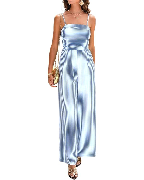 CUPSHE Women's Jumpsuits, Summer Sleeveless Striped Straight-Leg Jumpsuit Outfit Casual for Vacat... | Amazon (US)