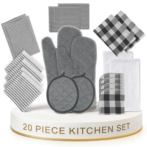 LANE LINEN Kitchen Towels Set 20 Pack - Ultra Soft Cotton Kitchen Hand Towels, Highly Absorbent Dish Cloths, Durable Scrubbers, Flour Sack Tea Towels, Heat Resistant Oven Mitts & Pot Holders - Black | Amazon (US)