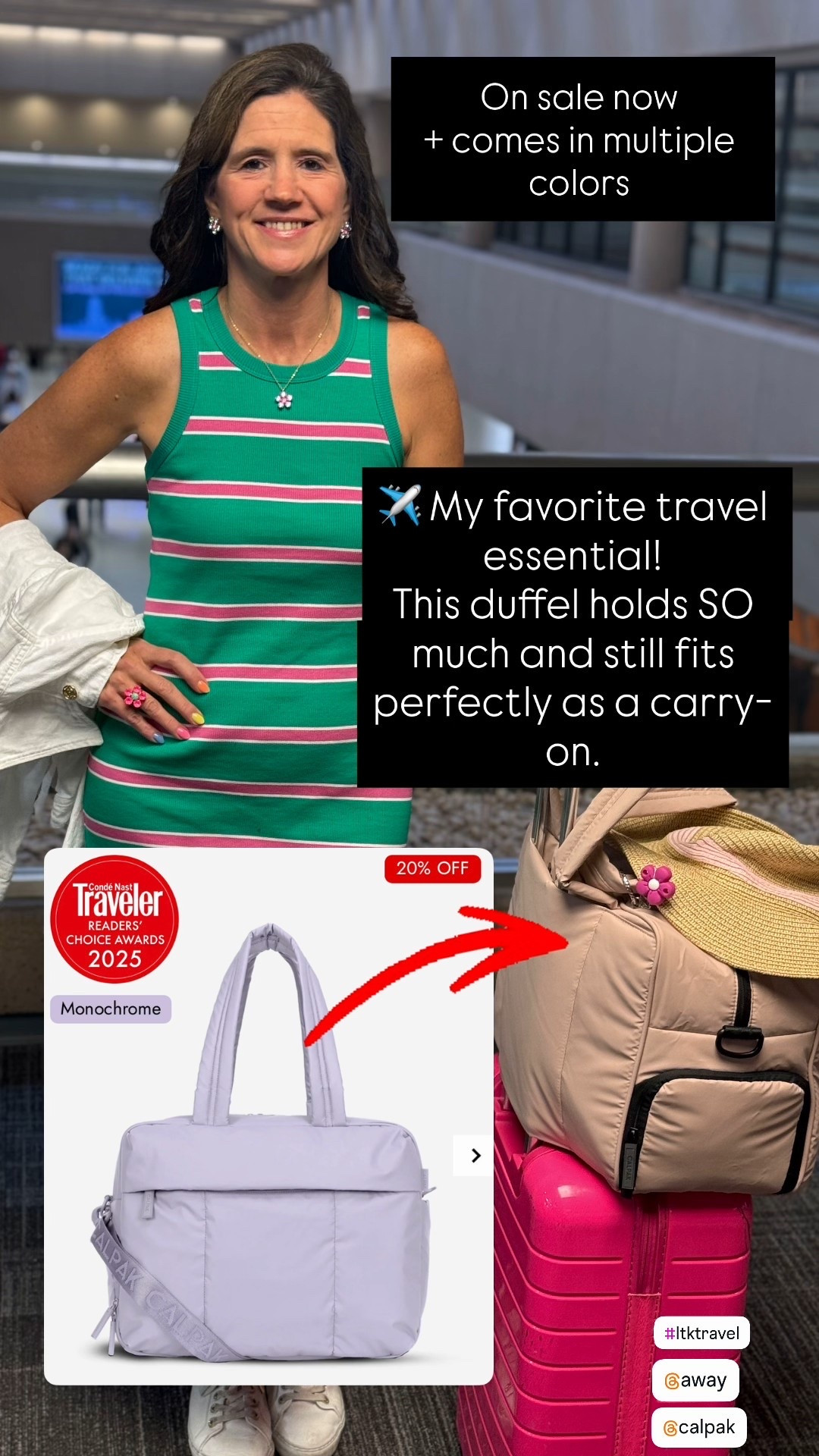 Carry-on Bag 

Hands down my favorite travel bag ✨
This duffel holds so much and is perfectly designed for real-life travel. I love the separate shoe compartment, tons of pockets, and the trolley sleeve that slides right over my suitcase—game changer at the airport.
Bonus: it’s on sale right now 🙌 Linking it here so you can grab one while it lasts!

travel duffel bag
CALPAK Luka duffel
carry on bag
women’s travel bag
weekender bag
airport travel essentials
duffel with trolley sleeve
duffel with shoe compartment
personal item travel bag
lightweight travel bag

#travelessential #travelmusthave #carryonbag #weekenderbag
#airportstyle #travelincomfort #calpak #travelfavorites
#packinghacks #onlinenow #travellife #ltktravel #ltkitbag 

#LTKTravel #LTKSaleAlert #LTKU