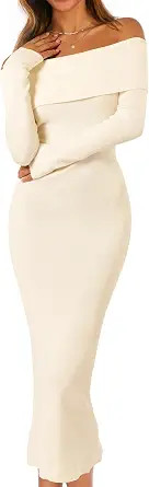 MEROKEETY Women's Fall Off Shoulder Long Sleeve Bodycon Midi Sweater Dress | 2026, Winter, Formal... | Amazon (US)