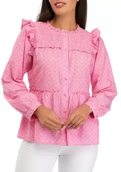 Crown & Ivy™ Women's Smocked Button Front Ruffle Top | Belk