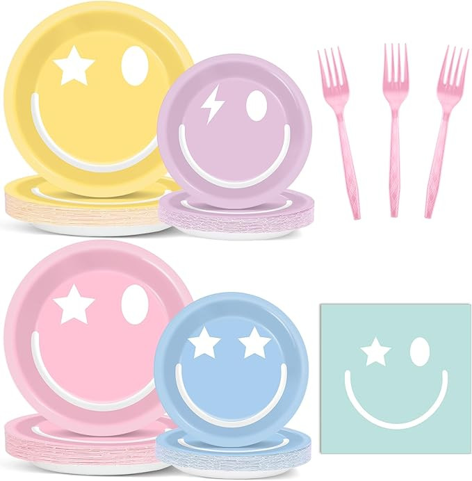96Pcs Pastel Smile Face Party Decorations Paper Plates Napkin Preppy Smile Face Party Tableware S... | Amazon (US)
