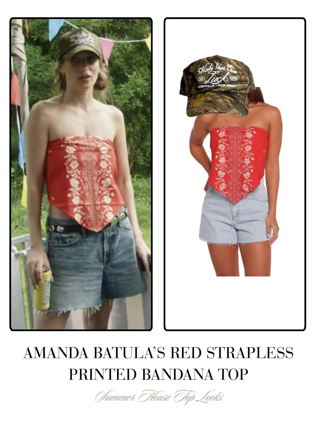 Amanda Batula’s Red Strapless Printed Bandana Top. Hat sold by N.B. Goods 