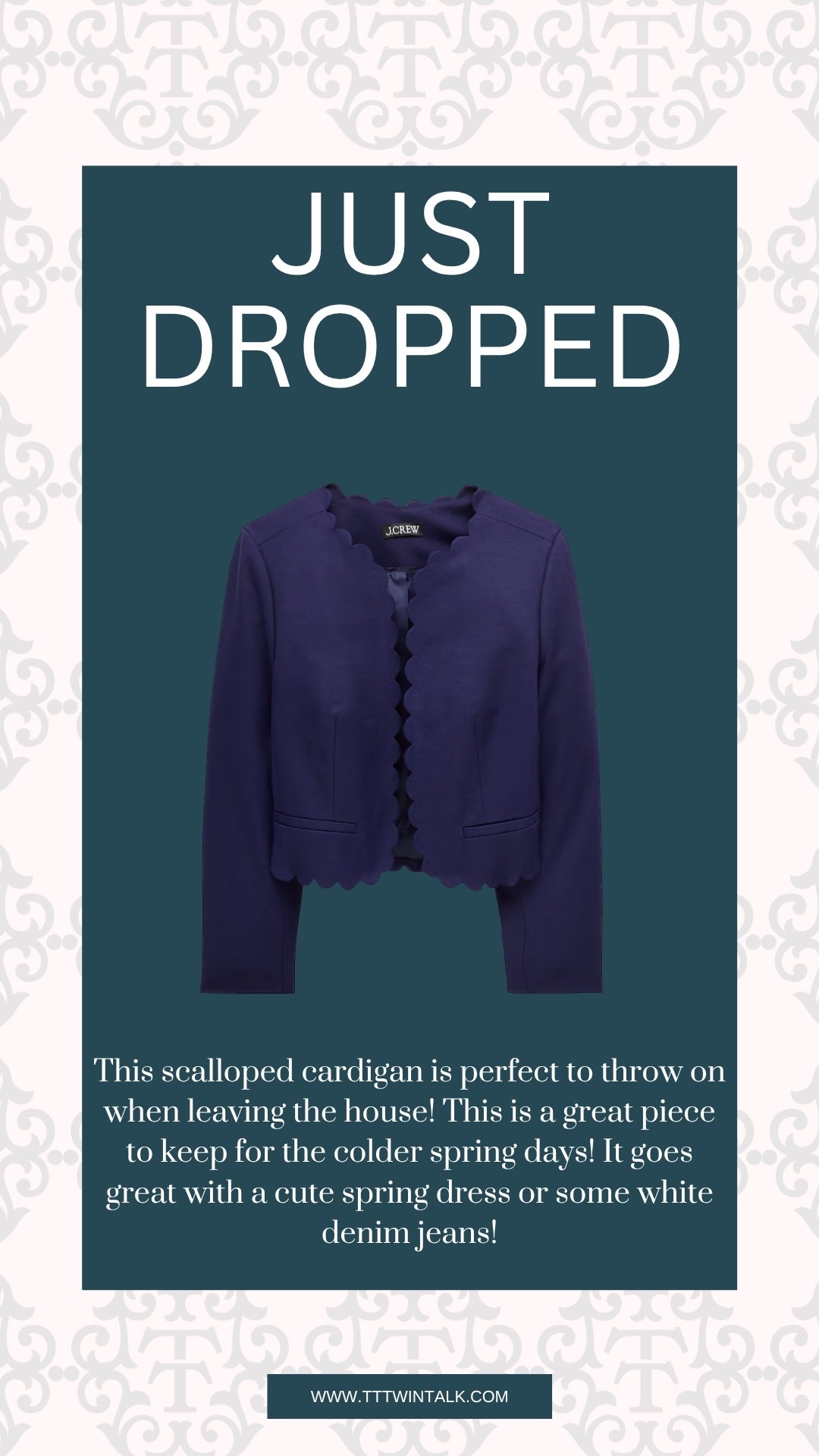 This scalloped cardigan is perfect to throw on when leaving the house! This is a great piece to keep for the colder spring days! It goes great with a cute spring dress or some white denim jeans!

#LTKMidsize #LTKSeasonal #LTKOver40