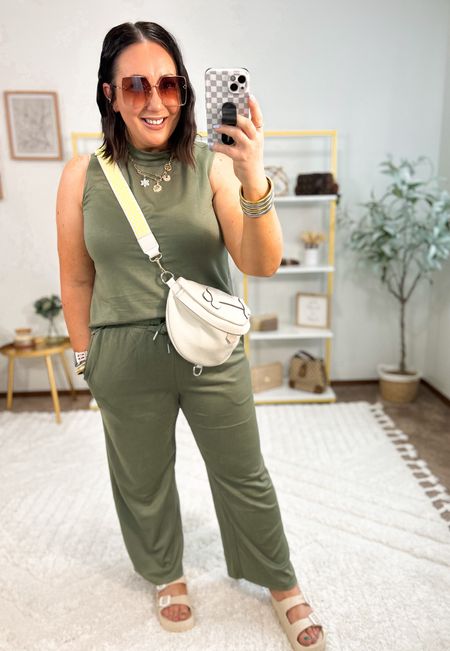 Real life outfit! Wearing an xl in this Amazon spanx air essentials like set! So soft. So comfy! XL layering cami underneath! Sandals run tts. Linked several similar purse strap options! 

#LTKFindsUnder50 #LTKOver40 #LTKMidsize