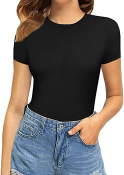 MANGOPOP Women's Round Neck Short Sleeve T Shirts Basic Bodysuits | Amazon (US)