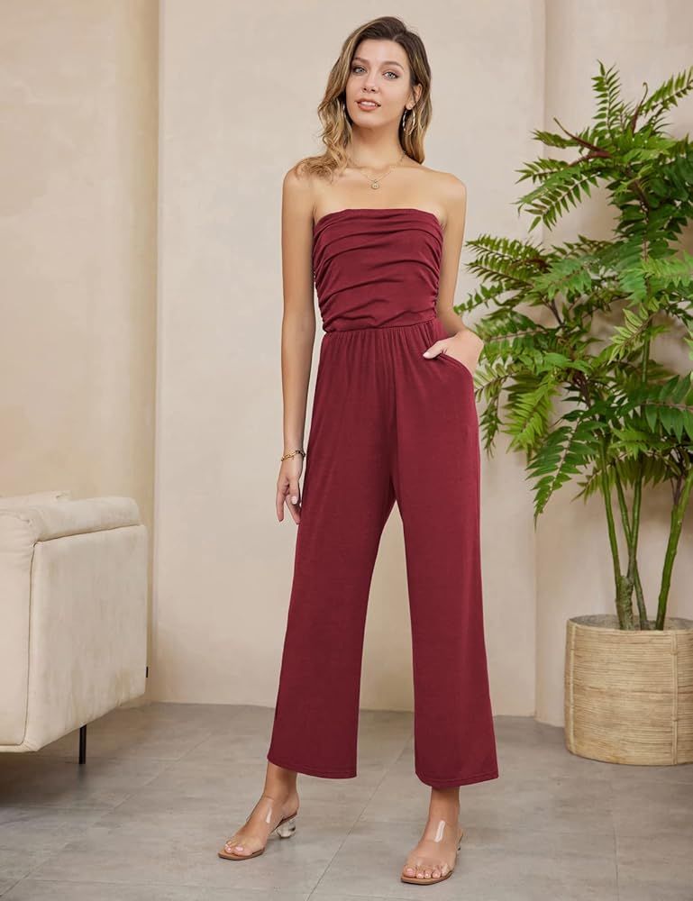 Womens Casual Strapless Ruched Off Shoulder Summer Wide Leg Pant Romper Jumpsuits with Pockets | Amazon (US)