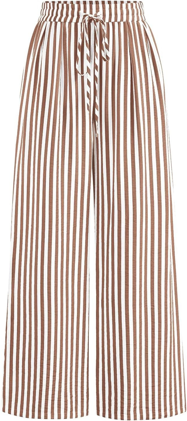PRETTYGARDEN Womens Pants Elastic Waist Striped Lightweight Palazzo Pant | Amazon (US)