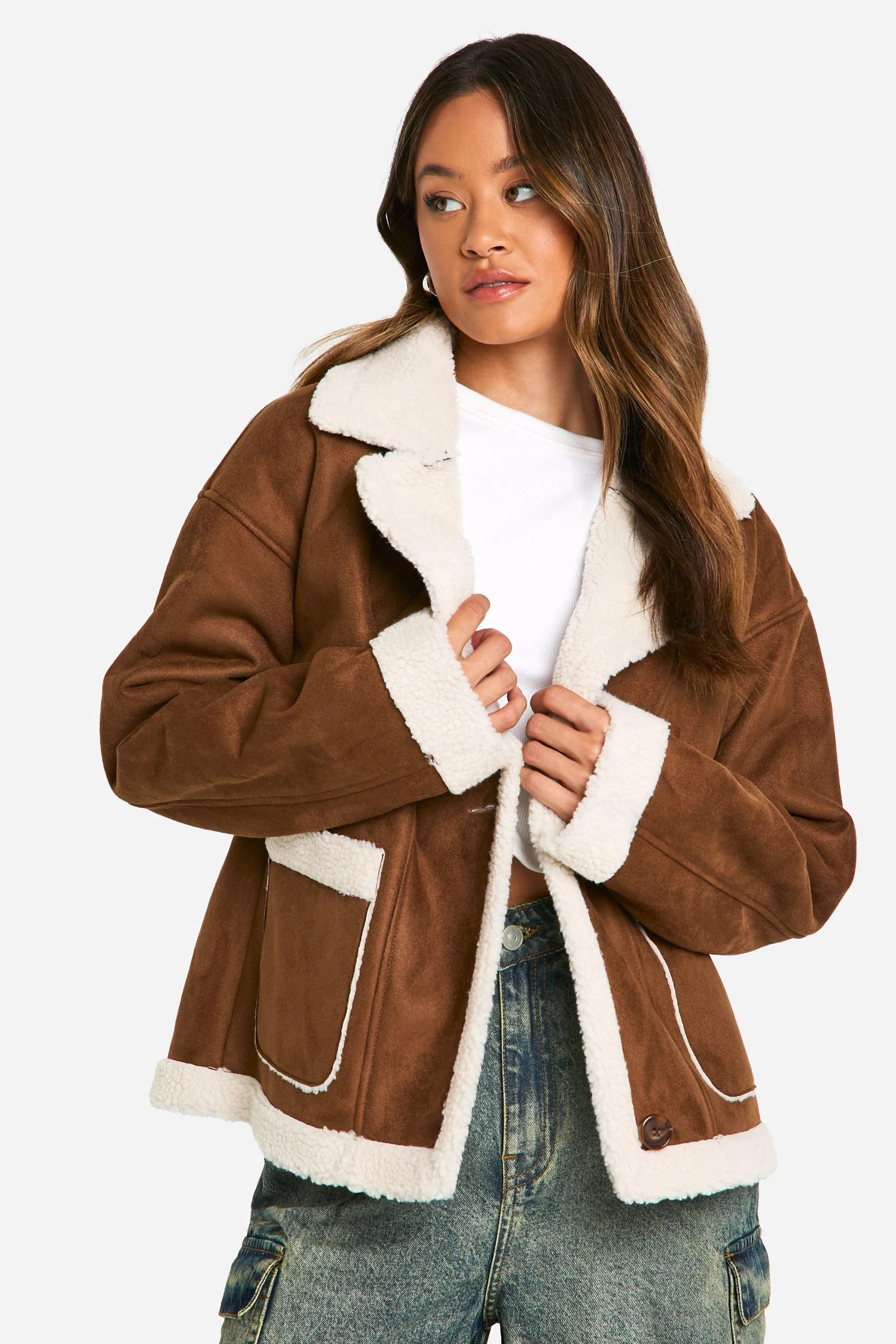 Womens Tall Borg Lined Faux Suede Jacket - Brown - 8 | boohoo (US & Canada)