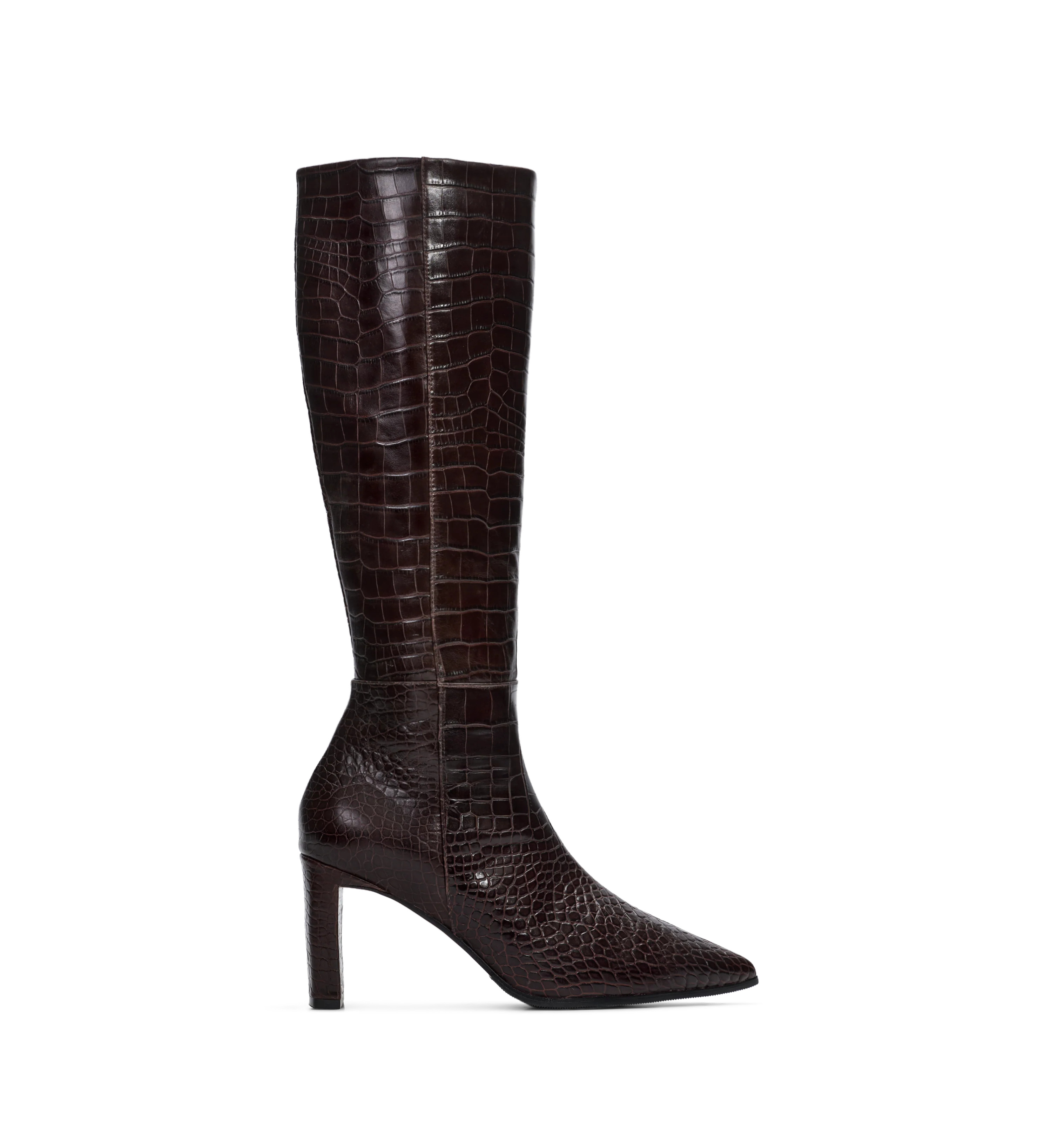 Pandion Chocolate Brown Croc Emboss Leather Knee High Boots | Bared Footwear | Bared Footwear