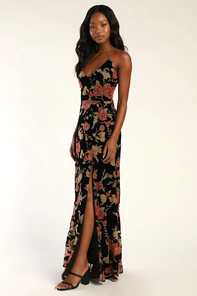 Alluring Blooms Black Floral Burnout Velvet Maxi Dress | Lulus