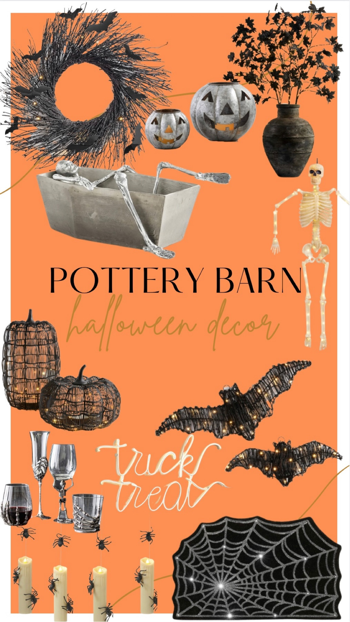 Pottery barn Halloween decor bars pumpkins spiders jackolanterns skeletons coffin Halloween party doormat glassware dinnerware wreath

#LTKSeasonal #LTKhome #LTKsalealert