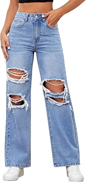 WDIRARA Women's High Waist Ripped Wide Leg Baggy Jeans Distressed Denim Pants | Amazon (US)