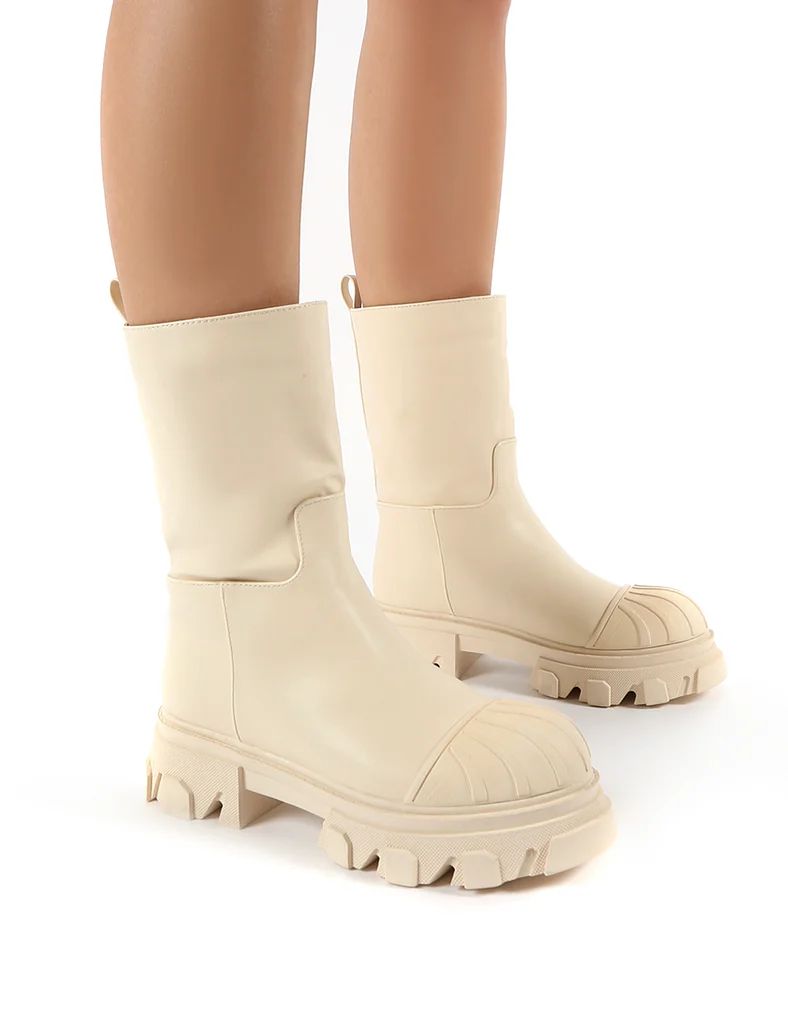 Showdown Cream Calf High Chunky Sole Boots | Public Desire