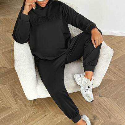 Plus Size Women's Sweat Suits For Women,Hoodies,2pcs/Set Casual Plain Embossed Letter Hoodie Sweatshirt And Elastic Waist Sweatpants, Black, Spring An | SHEIN