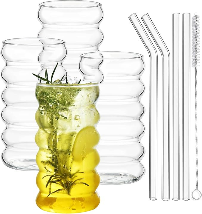 ALINK Ribbed Drinking Glass Cups with Straws Set of 4, 16 oz Aesthetic Iced Coffee Glasses, Wave ... | Amazon (US)