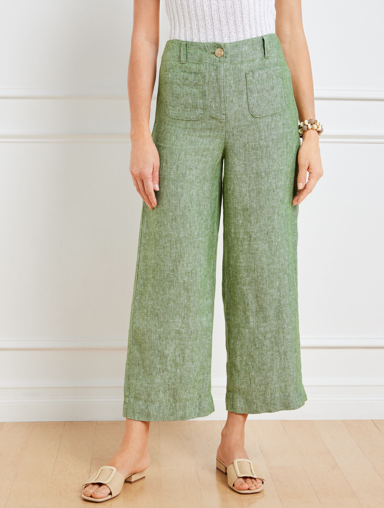 Wide Crop Patch Pocket Washed Linen Pants | Talbots