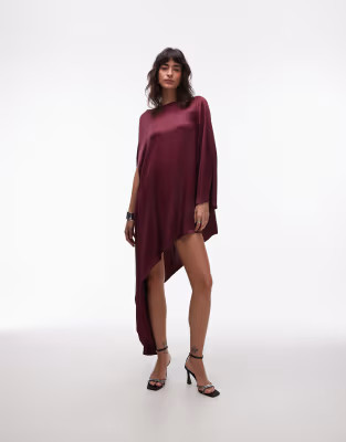 ASOS DESIGN cape satin asymmetric mini dress in burgundy | ASOS (Global)