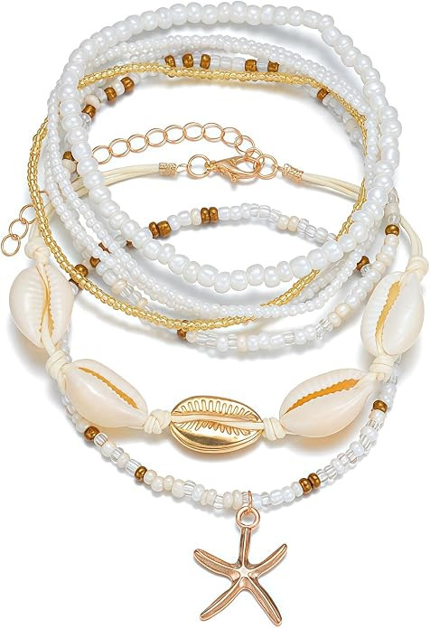 Qceasiy Shell Ankle Bracelet Set for Women, Gold Plated Boho Bead Adjustable Anklet, Hawaiian Bea... | Amazon (US)