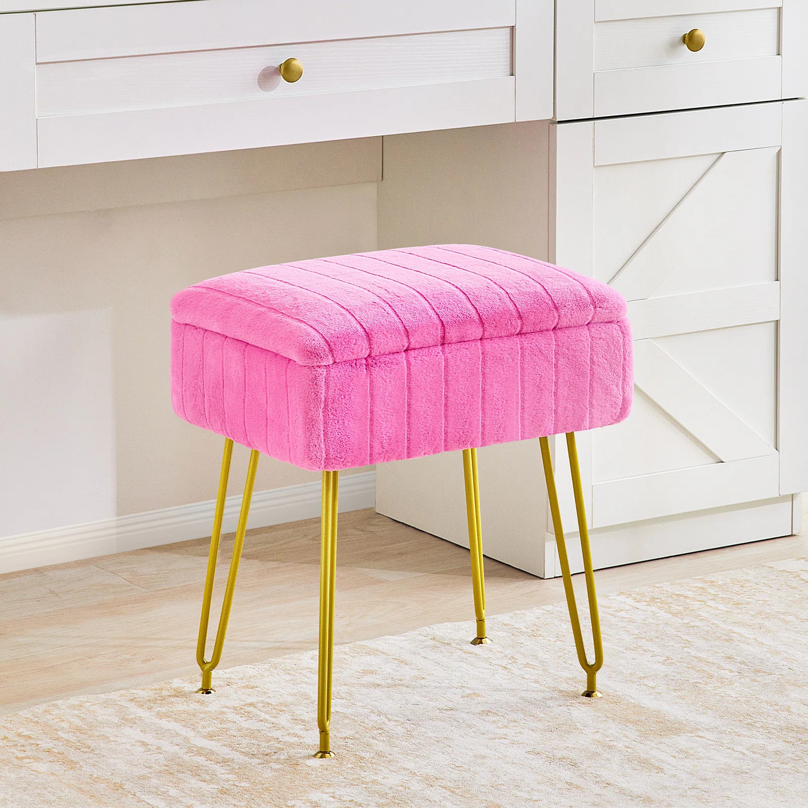 Redlife Faux Fur Vanity Stool with Storage Gold Metal Legs Footrest Footstool Ottoman Multifuncti... | Wayfair North America