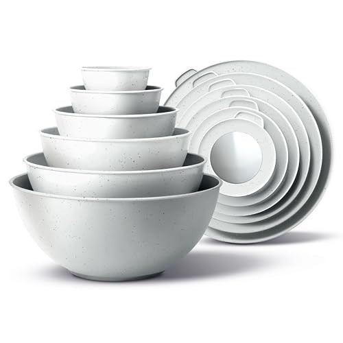 COOK WITH COLOR Mixing Bowls with TPR Lids - 12 Piece Plastic Nesting Bowls Set includes 6 Prep Bowls and 6 Lids, Microwave Safe Mixing Bowl Set (Speckled White) | Amazon (US)