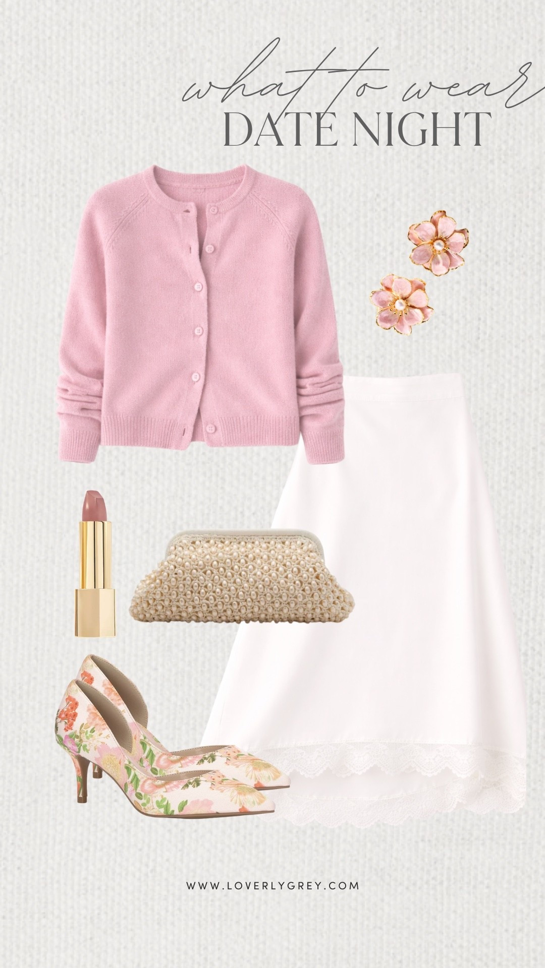 Loverly Grey, what to wear for spring date night! A simple pink cardigan paired with a white skirt that has the cutest lace trim. Pair it with Anthropologie flower earrings, a clutch purse, and floral heels. Loverly Grey, what to wear, date nightt

#LTKgrwm #LTKdayinmylife #LTKootd