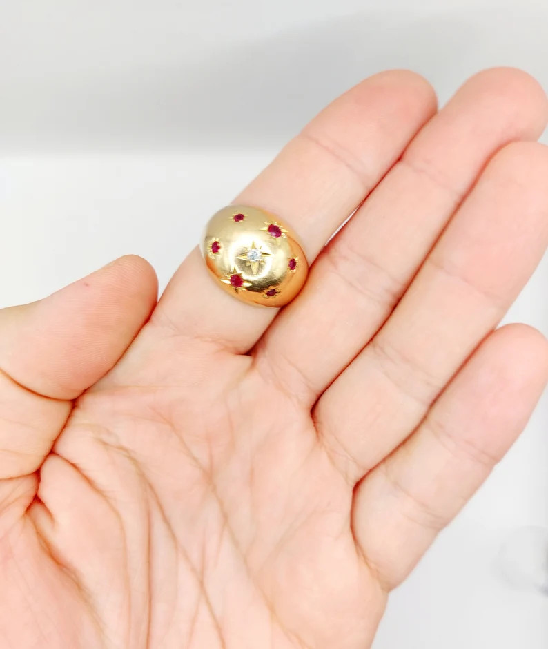 XXL French Bombé Domed Ring 18k Rose Gold Set With a Diamond and Rubies in Star Setting circa 19... | Etsy (US)