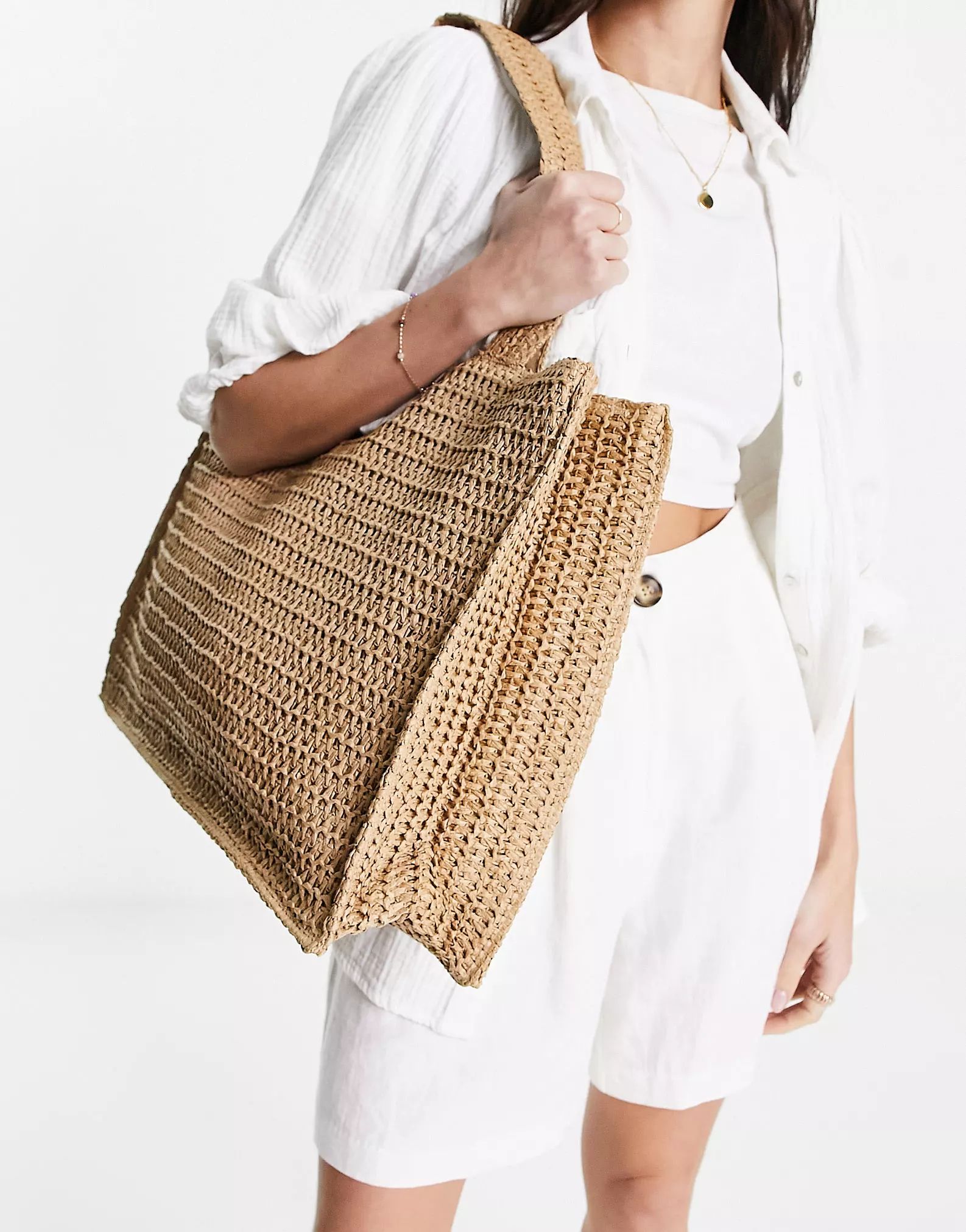 South Beach straw woven shoulder beach tote bag in beige | ASOS | ASOS (Global)