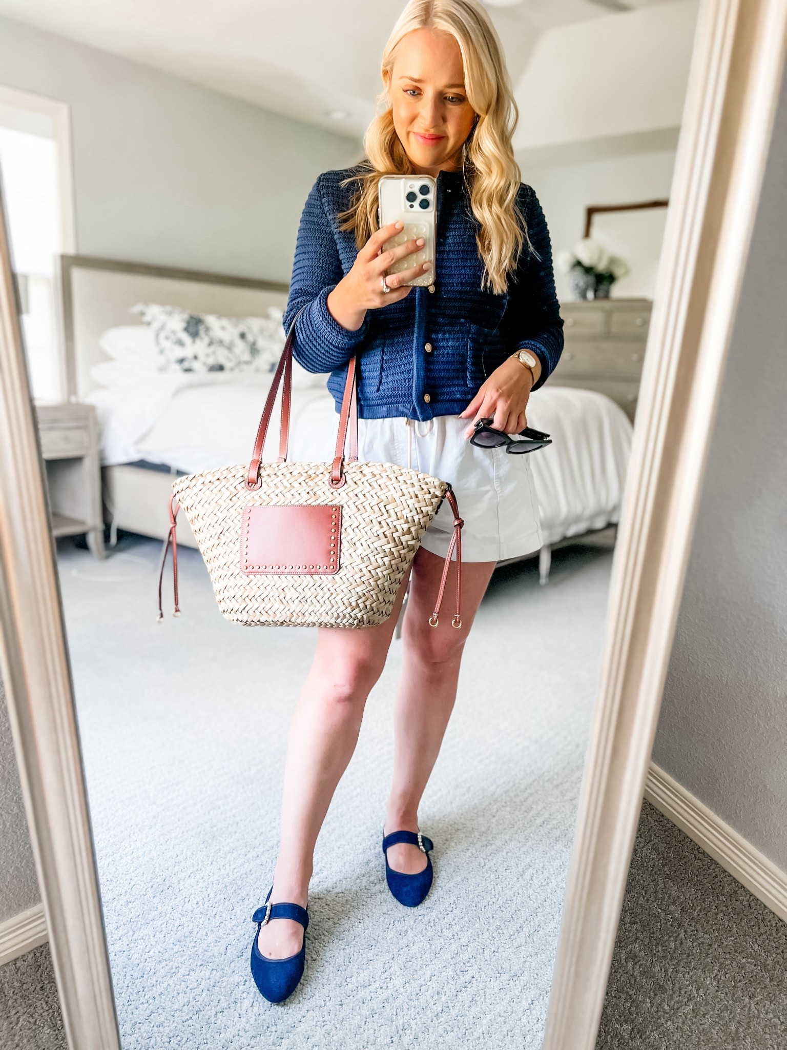 This navy cardigan has gold buttons and I love the texture! Wearing my true size small. It’s a heavy cardigan, but I like the high quality feel! Navy buckle Mary Jane’s fit tts. Similar shorts and exact straw bag.

Fourth of July, July fourth, summer outfit, July 4th, summer outfits 

#LTKPetite #LTKFindsUnder100 #LTKSaleAlert