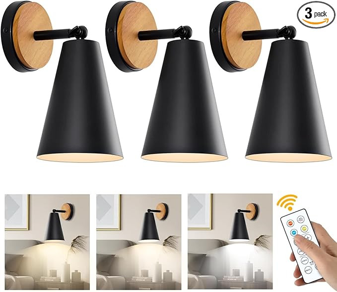 3 Pack Battery Operated Wall Sconce, IR Remote Control Battery Operated Wall Lights, Matte Black ... | Amazon (US)