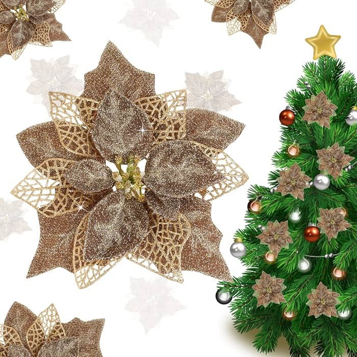 Jim's Cabin Artificial Flowers Pack of 12 Glitter Poinsettias for Christmas Tree Ornaments Butter... | Amazon (US)